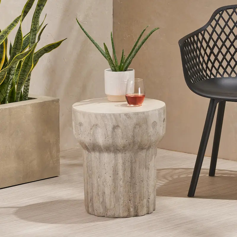 Round Lightweight Concrete Accent Side Table 15.75x18 Inch Indoor Outdoor
