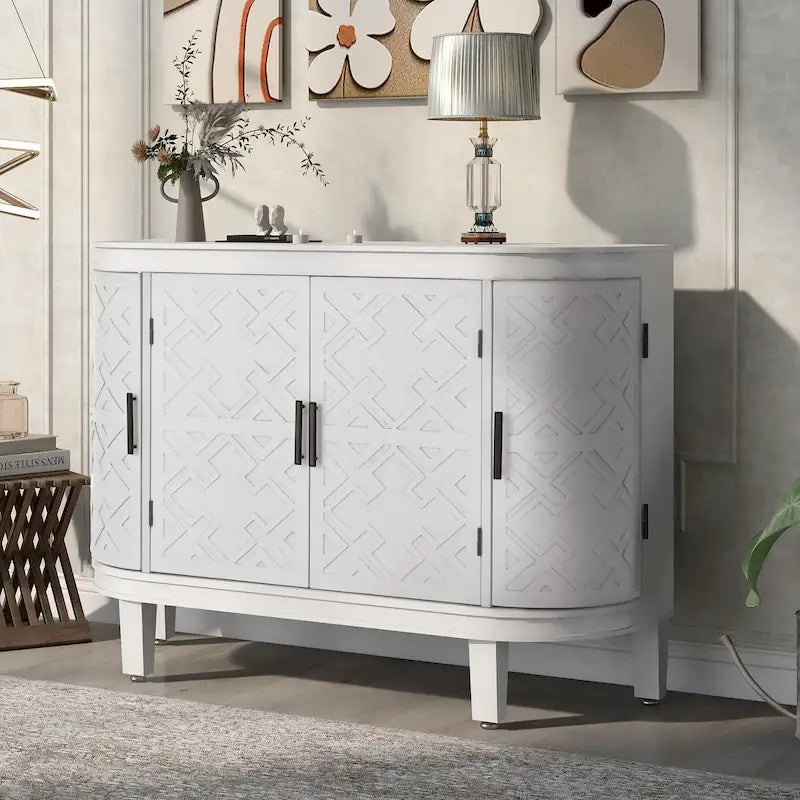 Sideboard Cabinet with Retro Carved Doors Iron Handles and 2-Inch Thick Top 47 Inch