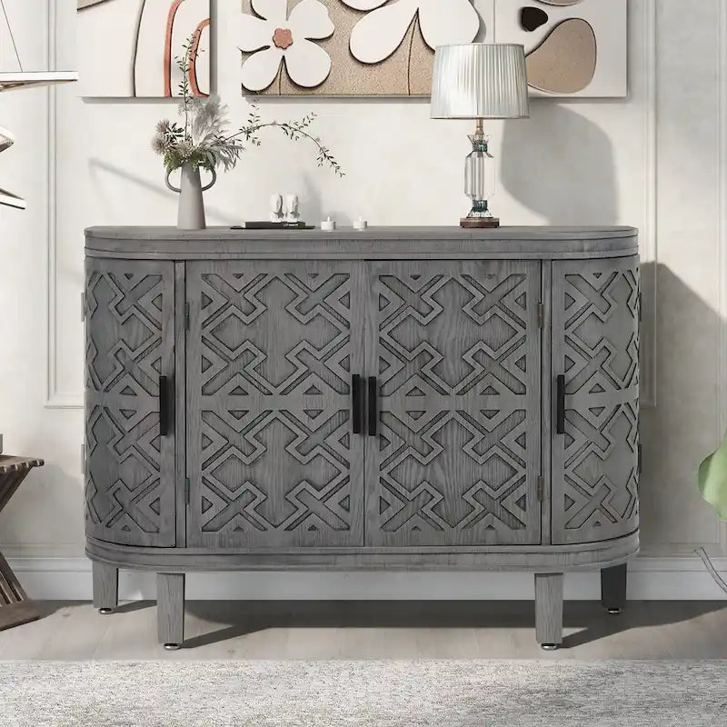 Sideboard Cabinet with Retro Carved Doors Iron Handles and 2-Inch Thick Top 47 Inch