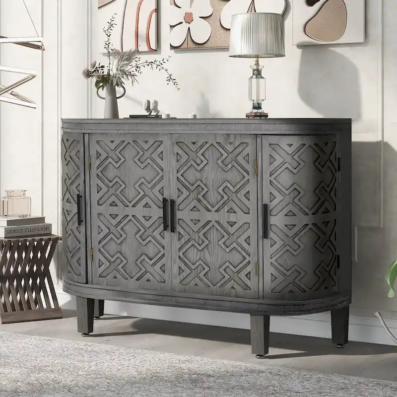 Sideboard Cabinet with Retro Carved Doors Iron Handles and 2-Inch Thick Top 47 Inch