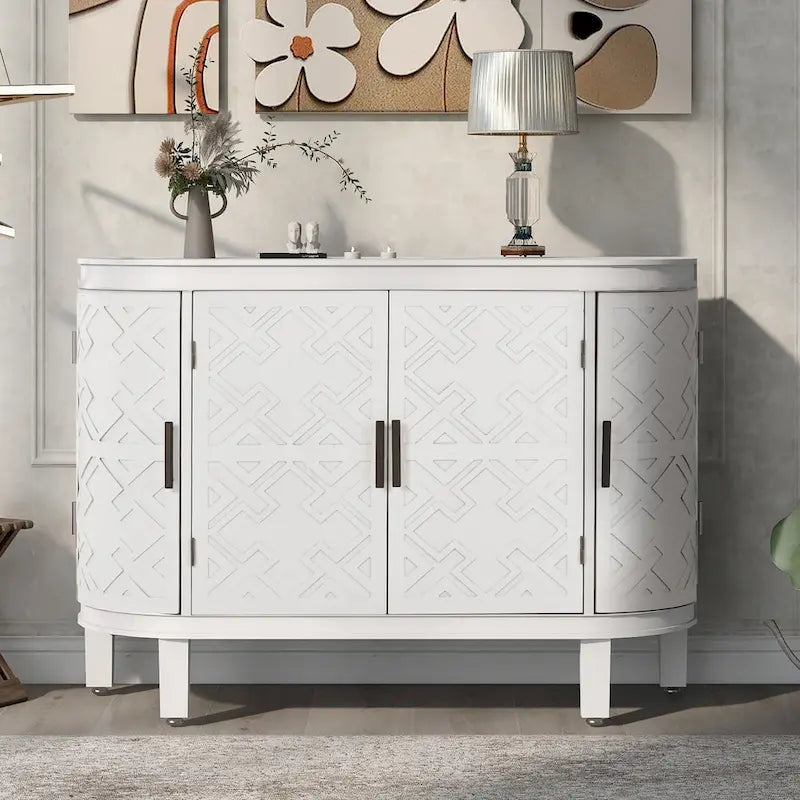 Sideboard Cabinet with Retro Carved Doors Iron Handles and 2-Inch Thick Top 47 Inch