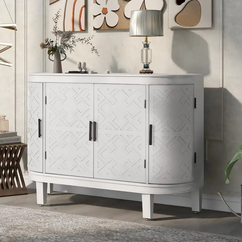 Sideboard Cabinet with Retro Carved Doors Iron Handles and 2-Inch Thick Top 47 Inch