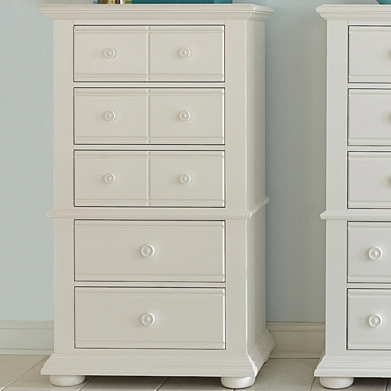 Tall Lingerie Chest of Drawers in Oyster White with Wood Knob Hardware