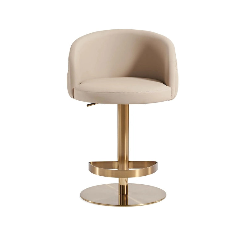 Adjustable Height Swivel Bar Stool in Khaki PU Leather with Gold Hardware