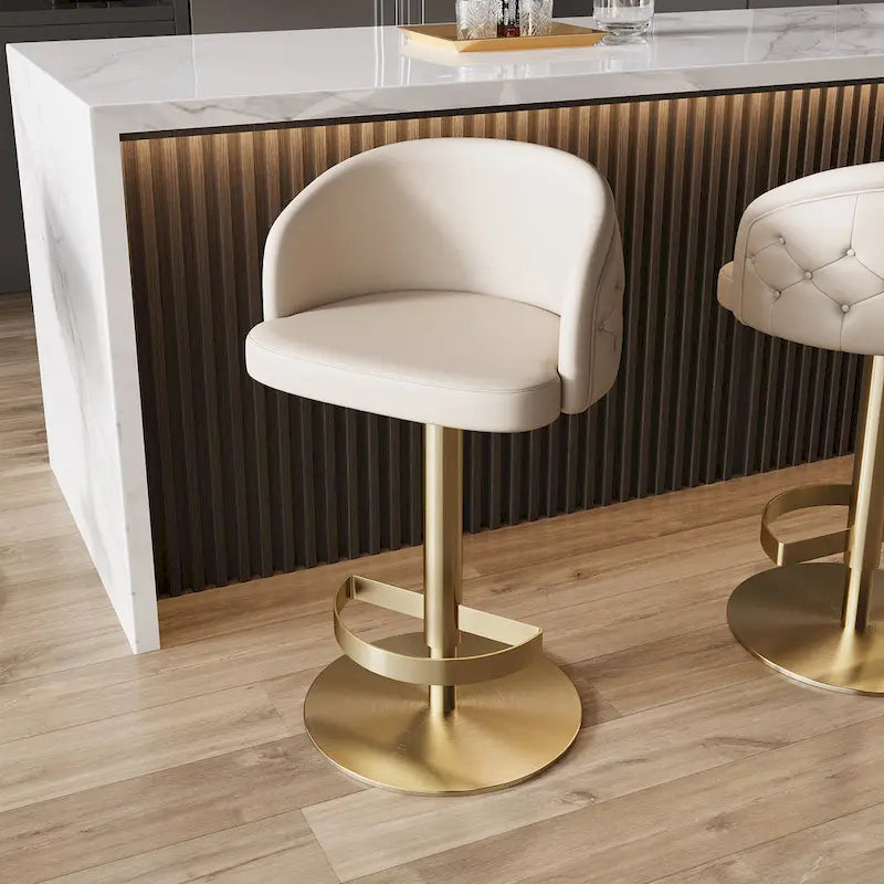 Adjustable Height Swivel Bar Stool in Khaki PU Leather with Gold Hardware