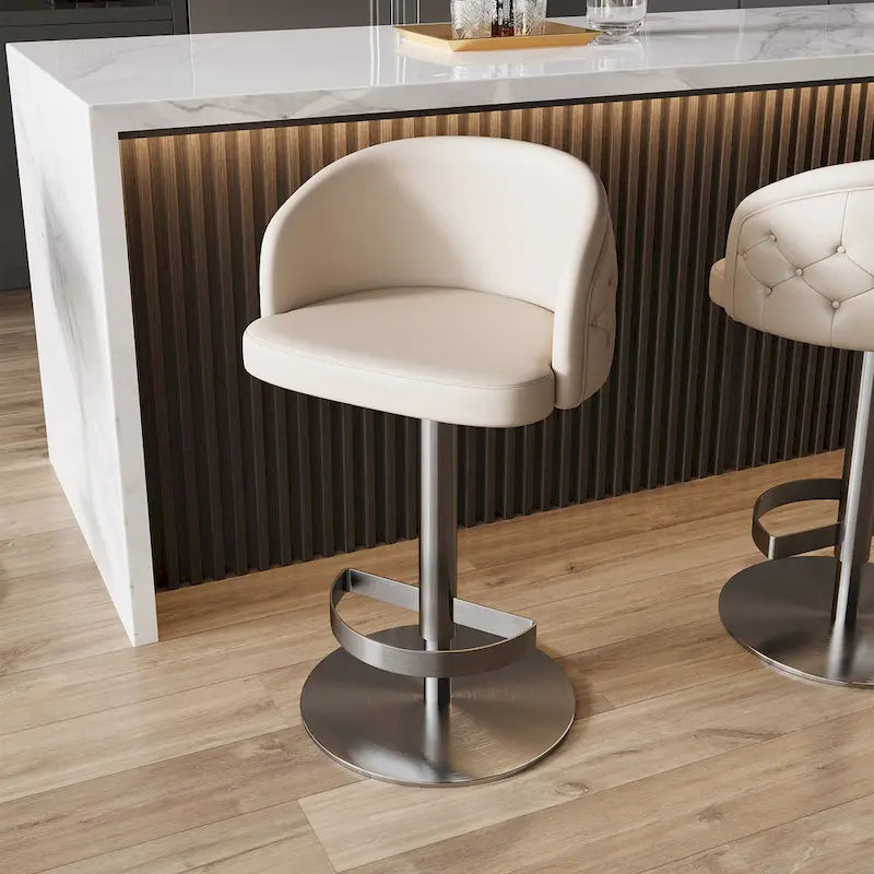 Adjustable Height Swivel Bar Stool in Khaki PU Leather with Gold Hardware