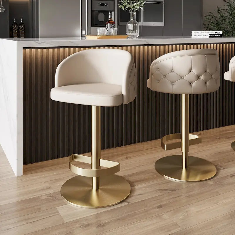 Adjustable Height Swivel Bar Stool in Khaki PU Leather with Gold Hardware