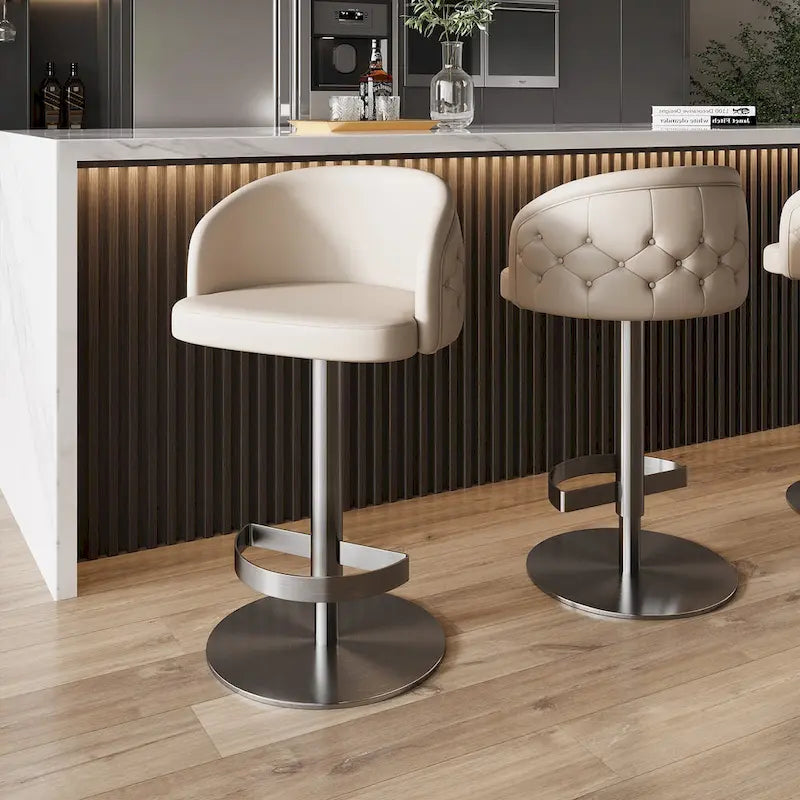 Adjustable Height Swivel Bar Stool in Khaki PU Leather with Gold Hardware
