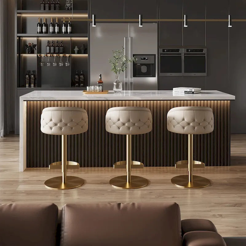 Adjustable Height Swivel Bar Stool in Khaki PU Leather with Gold Hardware