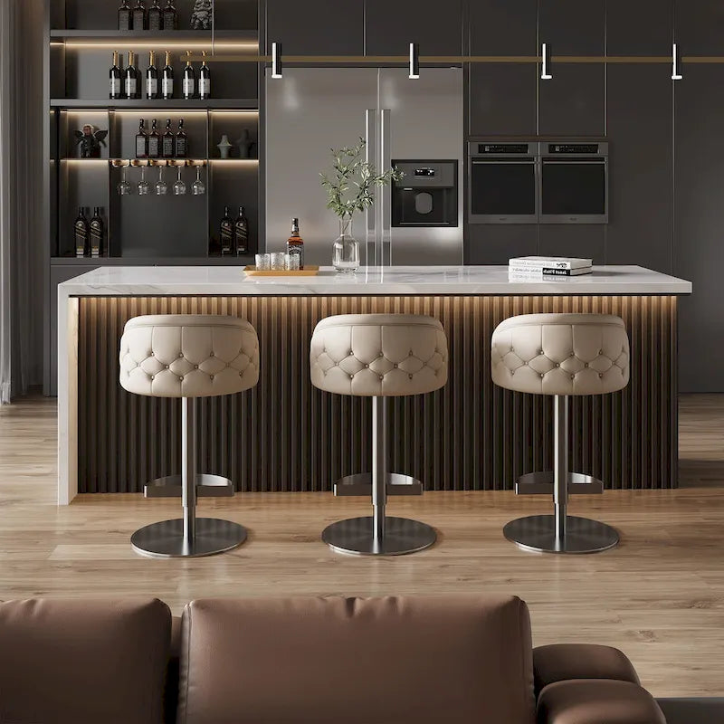 Adjustable Height Swivel Bar Stool in Khaki PU Leather with Gold Hardware