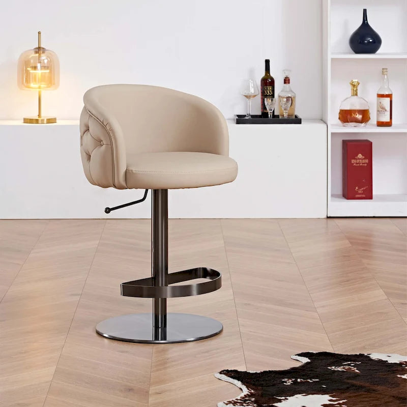 Adjustable Height Swivel Bar Stool in Khaki PU Leather with Gold Hardware