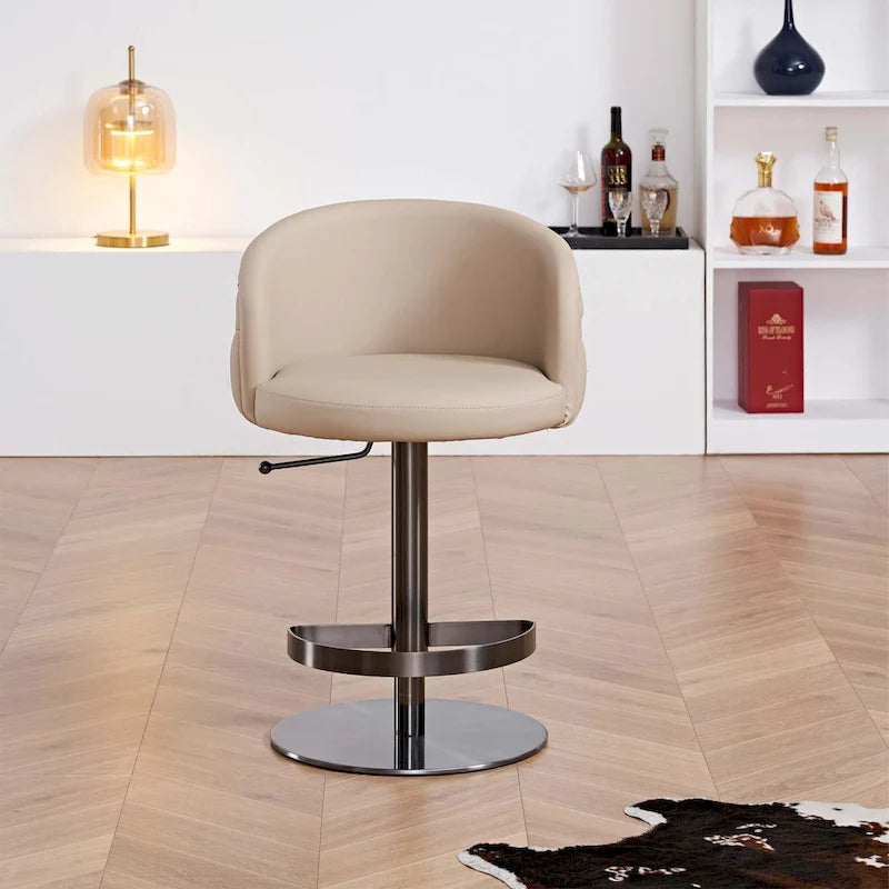 Adjustable Height Swivel Bar Stool in Khaki PU Leather with Gold Hardware