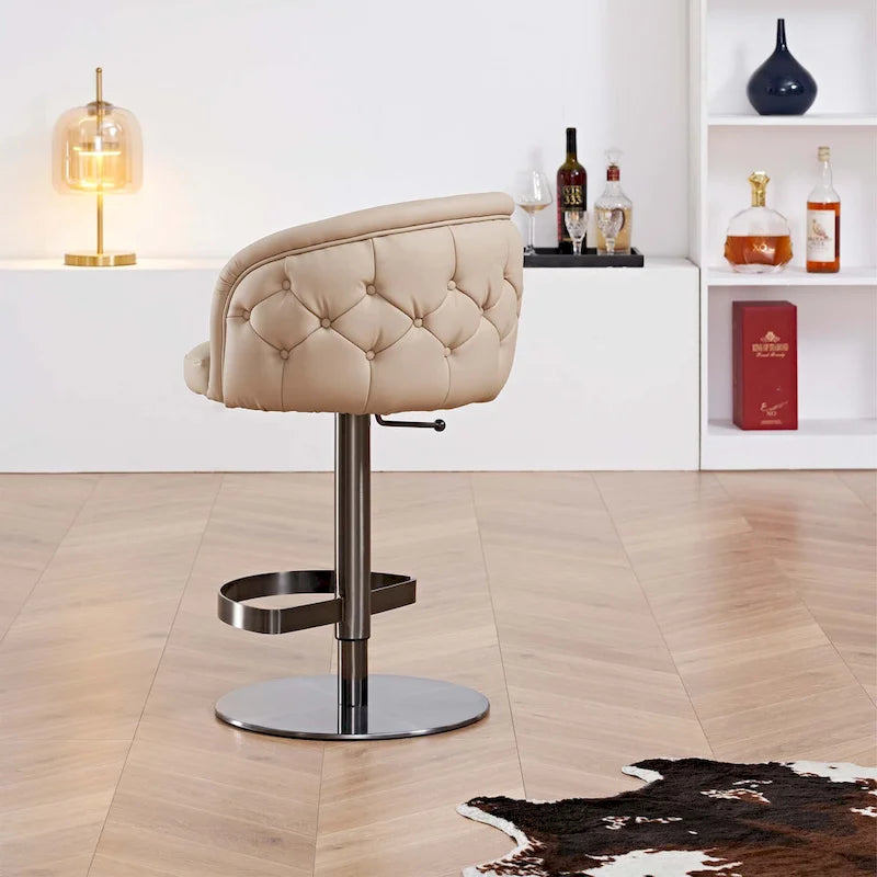 Adjustable Height Swivel Bar Stool in Khaki PU Leather with Gold Hardware