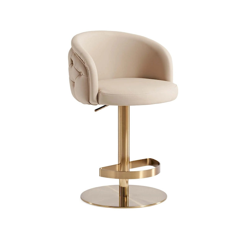 Adjustable Height Swivel Bar Stool in Khaki PU Leather with Gold Hardware