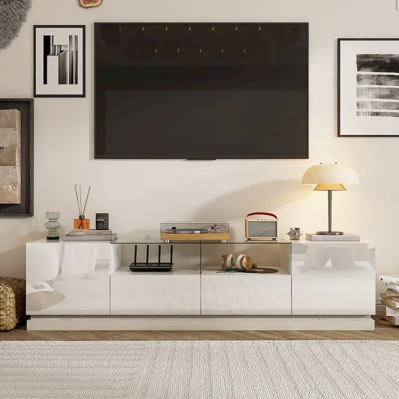 White High Gloss LED TV Stand with Glass Top for TVs up to 75 Inch