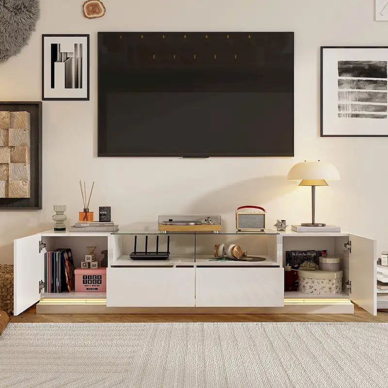 White High Gloss LED TV Stand with Glass Top for TVs up to 75 Inch
