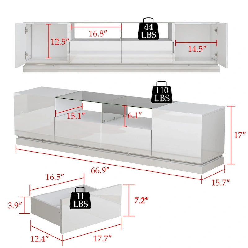 White High Gloss LED TV Stand with Glass Top for TVs up to 75 Inch
