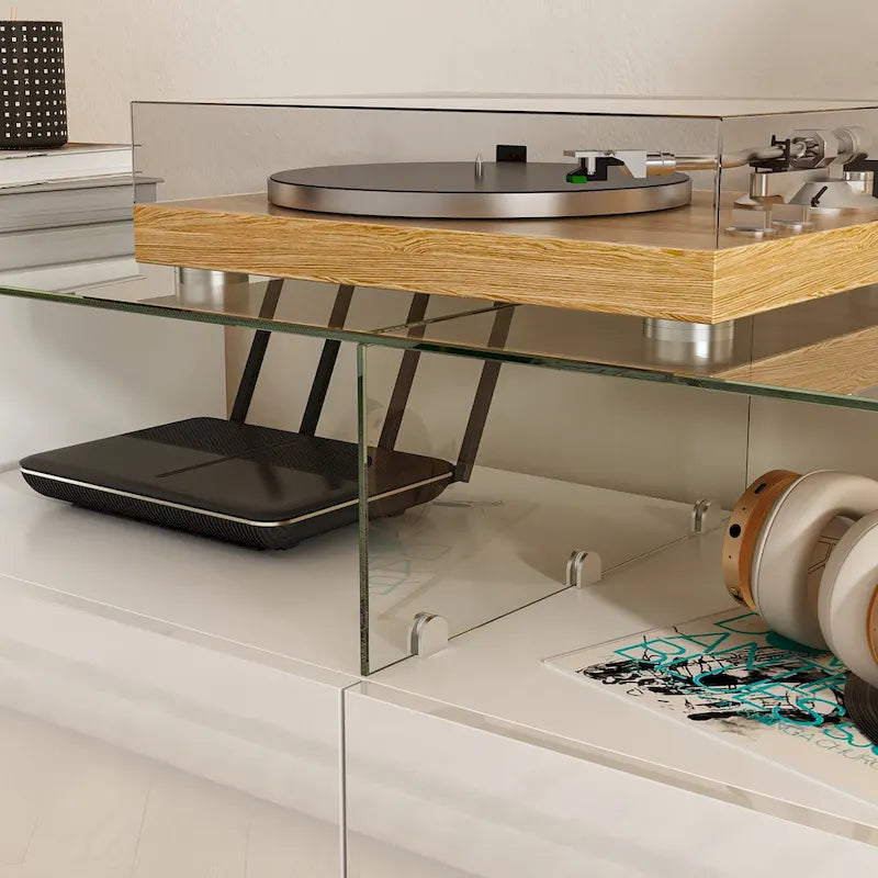 White High Gloss LED TV Stand with Glass Top for TVs up to 75 Inch