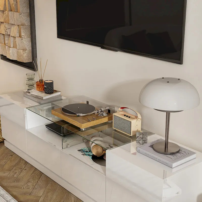 White High Gloss LED TV Stand with Glass Top for TVs up to 75 Inch
