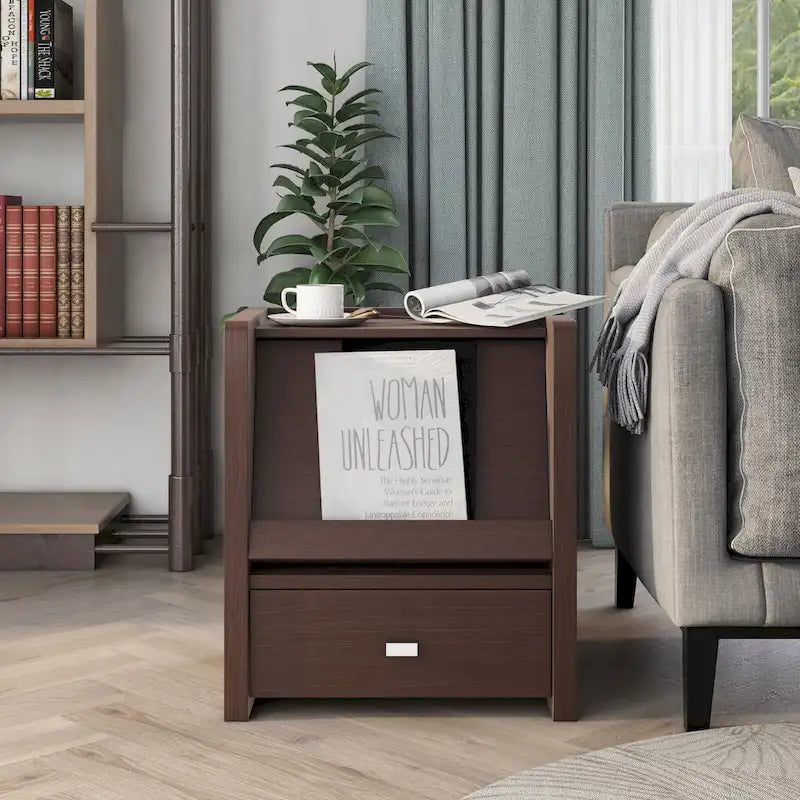 Walnut Side Table with Pull-Out Magazine Stand and Storage Drawer 18 Inch