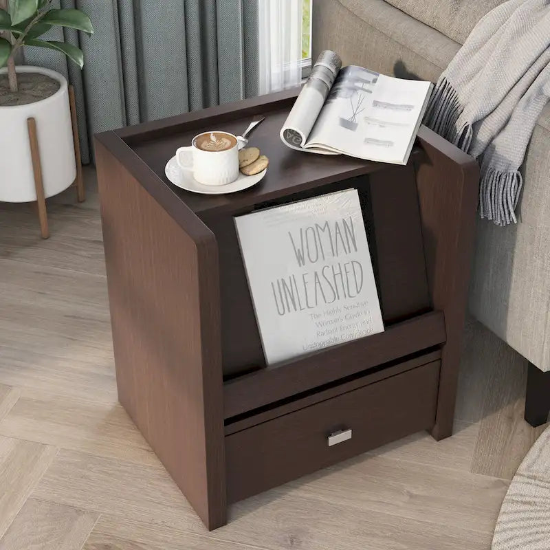 Walnut Side Table with Pull-Out Magazine Stand and Storage Drawer 18 Inch