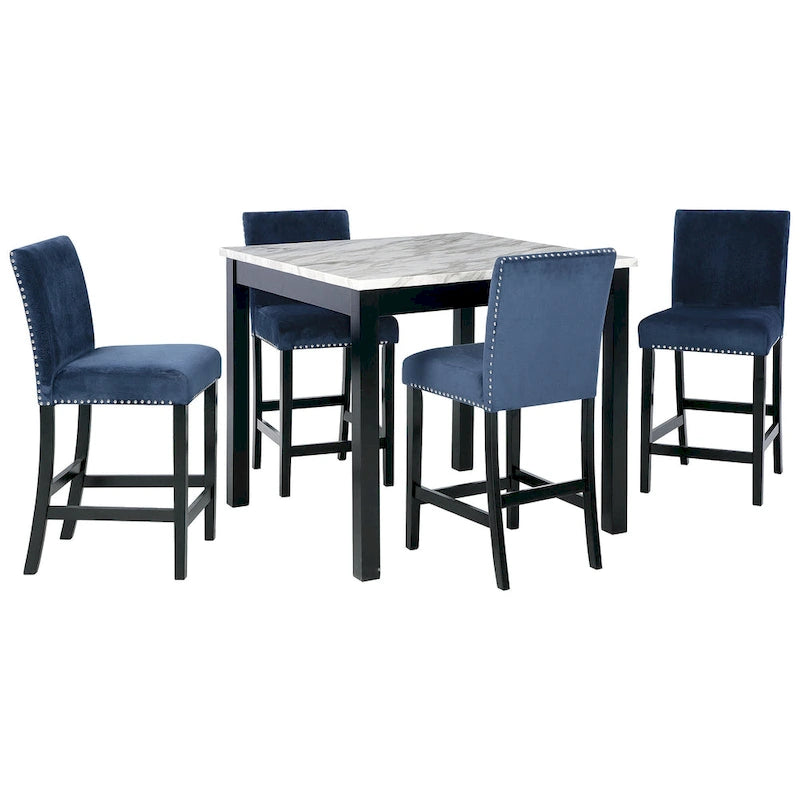 5-Piece Counter Height Dining Set Marble Laminate Table with Blue Velvet Nailhead Stools