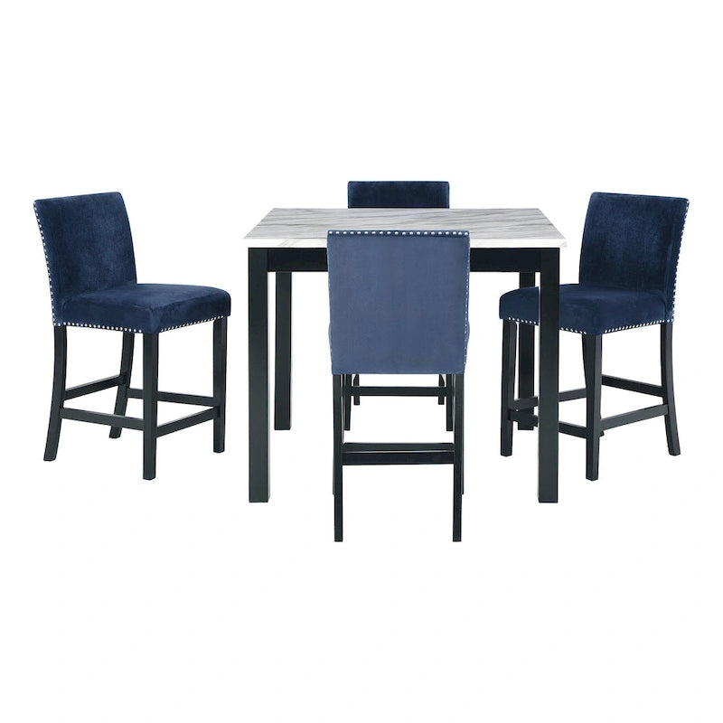 5-Piece Counter Height Dining Set Marble Laminate Table with Blue Velvet Nailhead Stools
