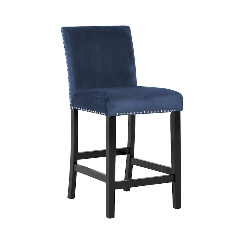 5-Piece Counter Height Dining Set Marble Laminate Table with Blue Velvet Nailhead Stools
