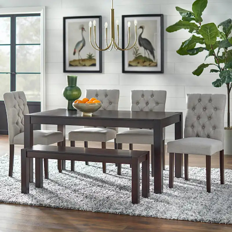 6-Piece Espresso Rubberwood Dining Set with Bench and Upholstered Chairs