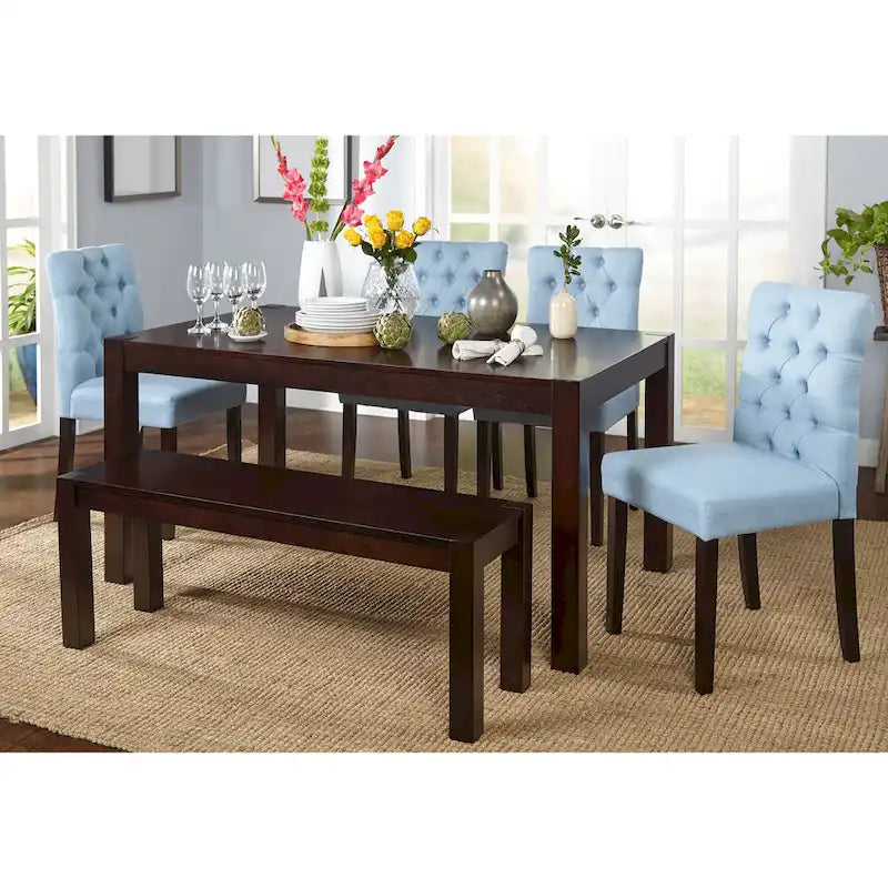 6-Piece Espresso Rubberwood Dining Set with Bench and Upholstered Chairs
