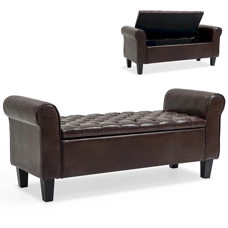 Storage Ottoman Bench with Safety Hinge Patent Leather and Armrests 54 Inch