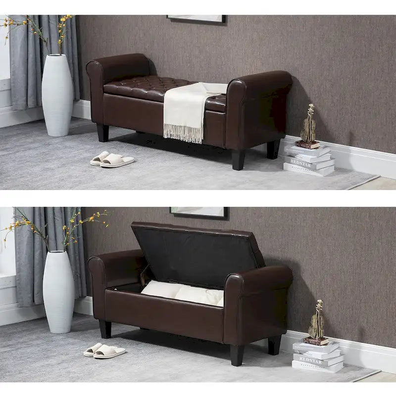 Storage Ottoman Bench with Safety Hinge Patent Leather and Armrests 54 Inch