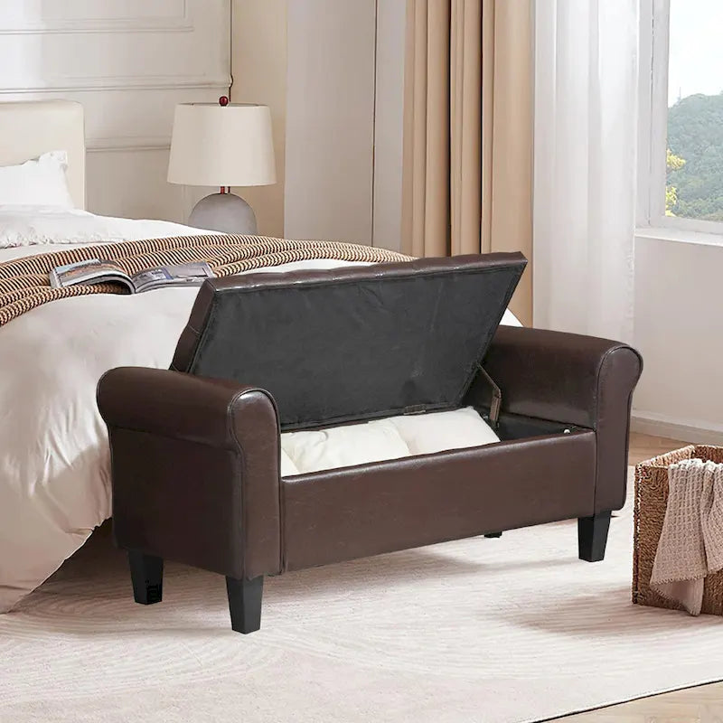 Storage Ottoman Bench with Safety Hinge Patent Leather and Armrests 54 Inch