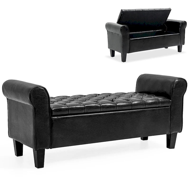Storage Ottoman Bench with Safety Hinge Patent Leather and Armrests 54 Inch