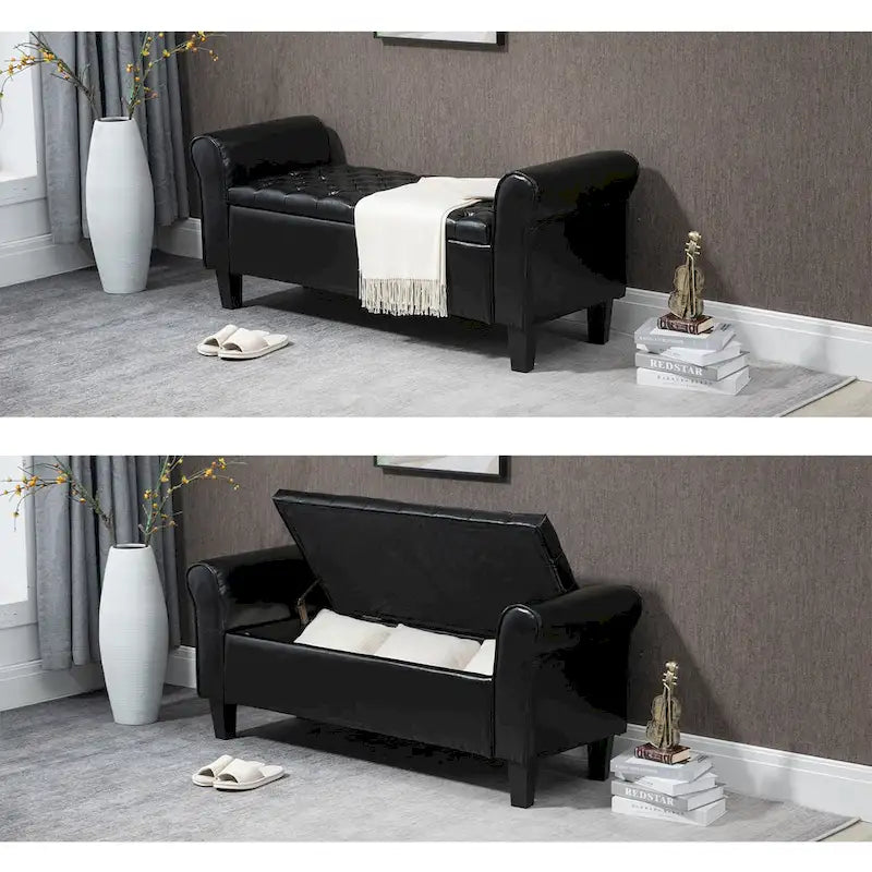 Storage Ottoman Bench with Safety Hinge Patent Leather and Armrests 54 Inch