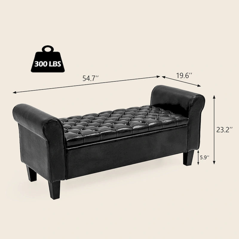 Storage Ottoman Bench with Safety Hinge Patent Leather and Armrests 54 Inch