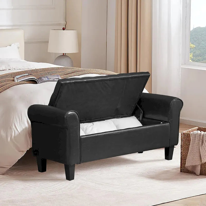Storage Ottoman Bench with Safety Hinge Patent Leather and Armrests 54 Inch