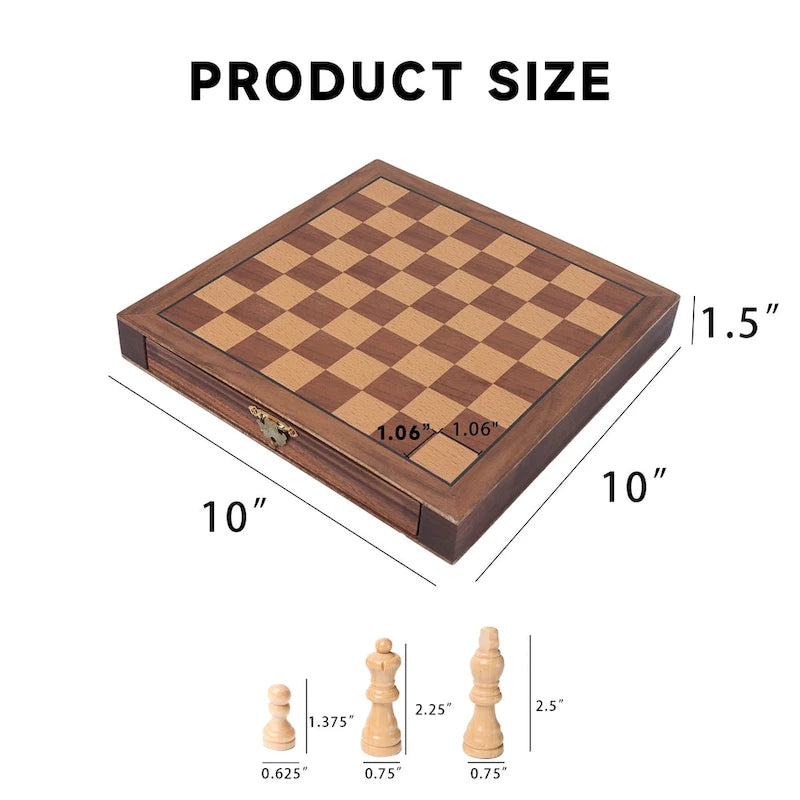 10 Inch Magnetic Travel Chess Set with Wooden Board and Storage Drawers