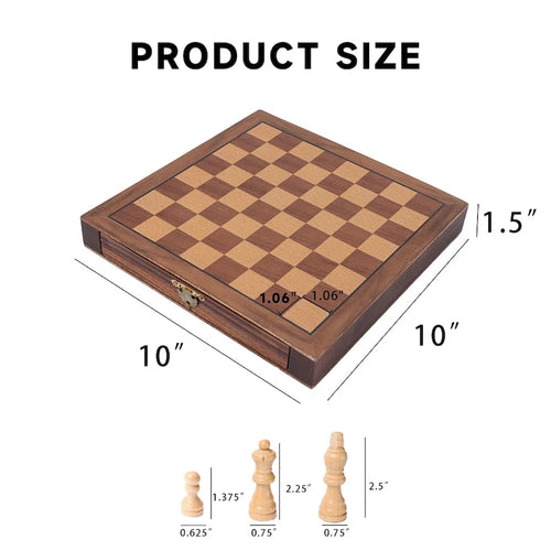 10 Inch Magnetic Travel Chess Set with Wooden Board and Storage Drawers