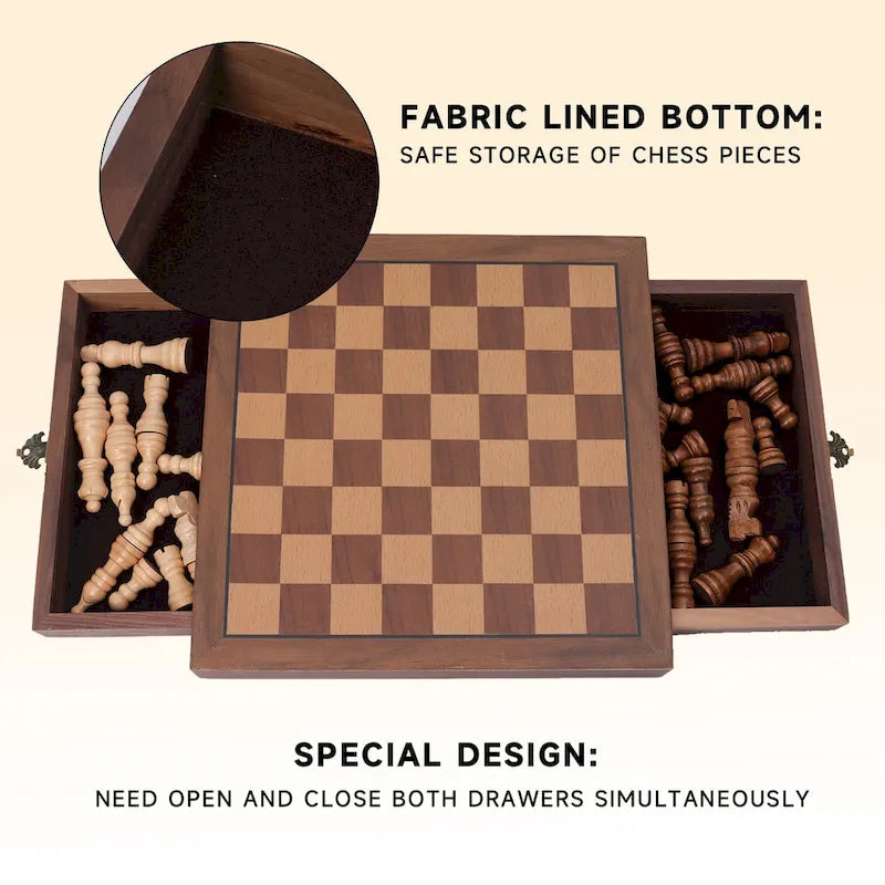 10 Inch Magnetic Travel Chess Set with Wooden Board and Storage Drawers