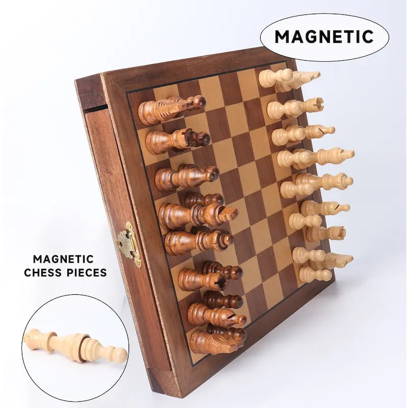 10 Inch Magnetic Travel Chess Set with Wooden Board and Storage Drawers