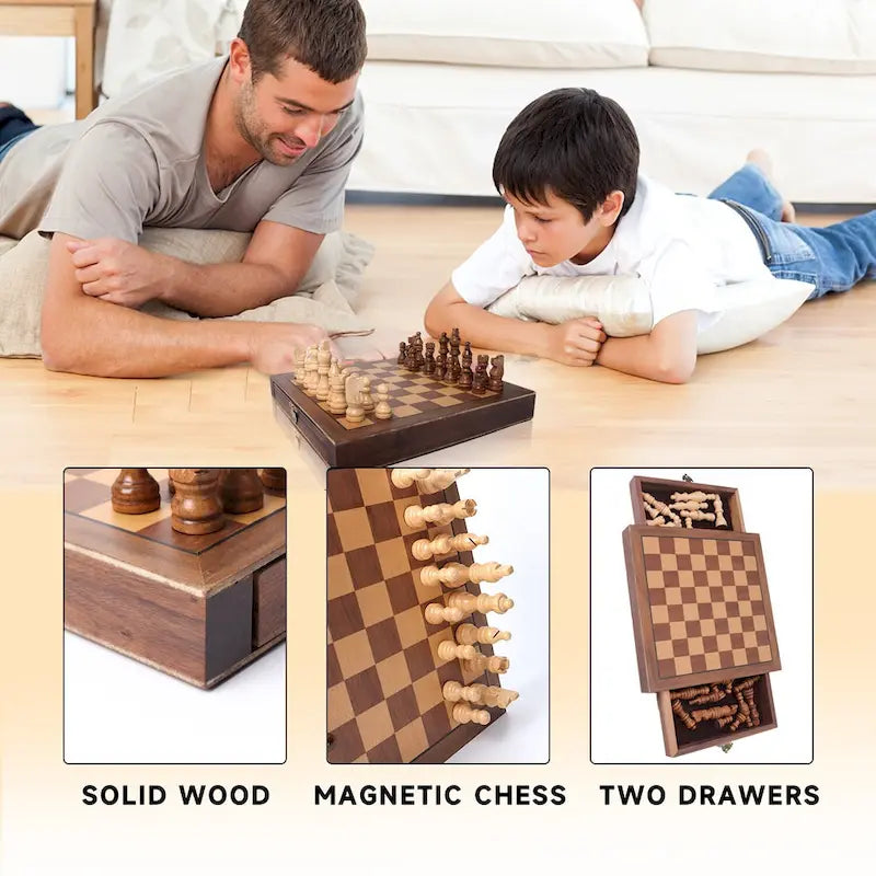 10 Inch Magnetic Travel Chess Set with Wooden Board and Storage Drawers