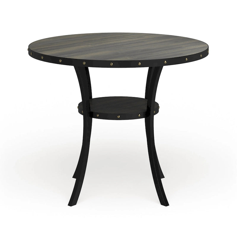 Round Counter Height Dining Table with Nailhead Detail and Open Shelf 48 Inch
