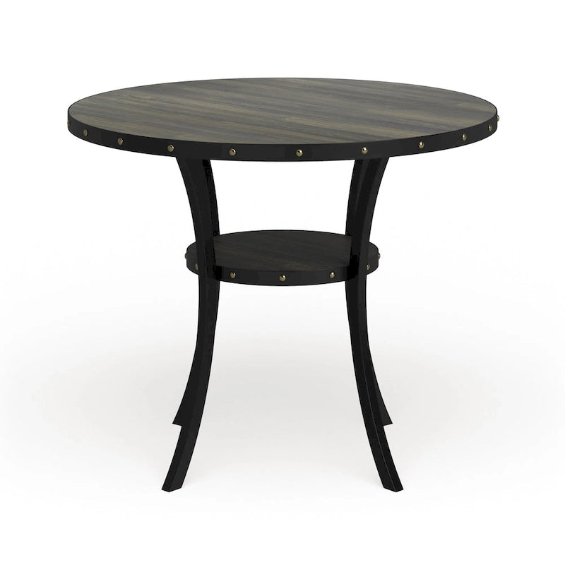 Round Counter Height Dining Table with Nailhead Detail and Open Shelf 48 Inch