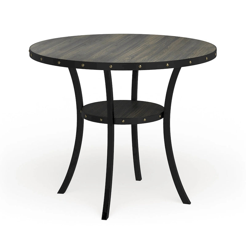 Round Counter Height Dining Table with Nailhead Detail and Open Shelf 48 Inch