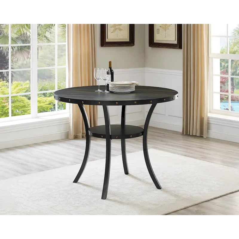 Round Counter Height Dining Table with Nailhead Detail and Open Shelf 48 Inch