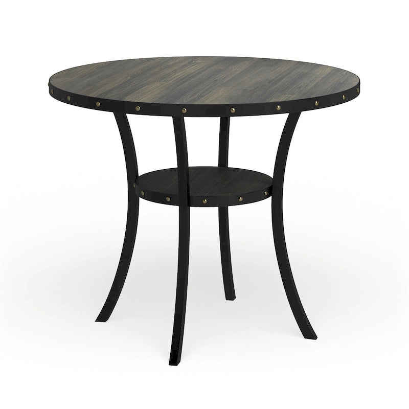 Round Counter Height Dining Table with Nailhead Detail and Open Shelf 48 Inch