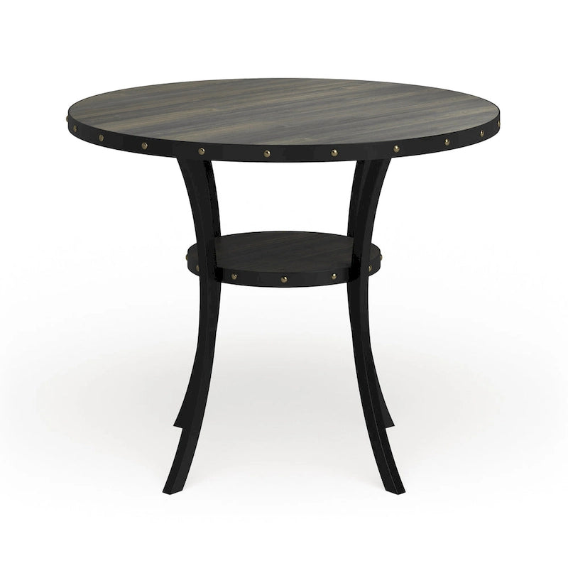 Round Counter Height Dining Table with Nailhead Detail and Open Shelf 48 Inch