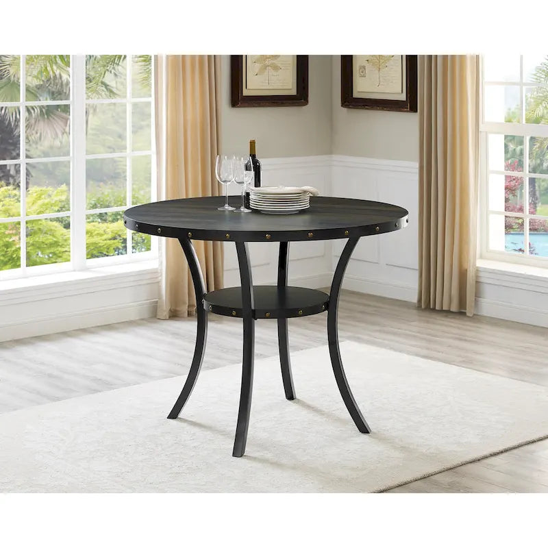 Round Counter Height Dining Table with Nailhead Detail and Open Shelf 48 Inch