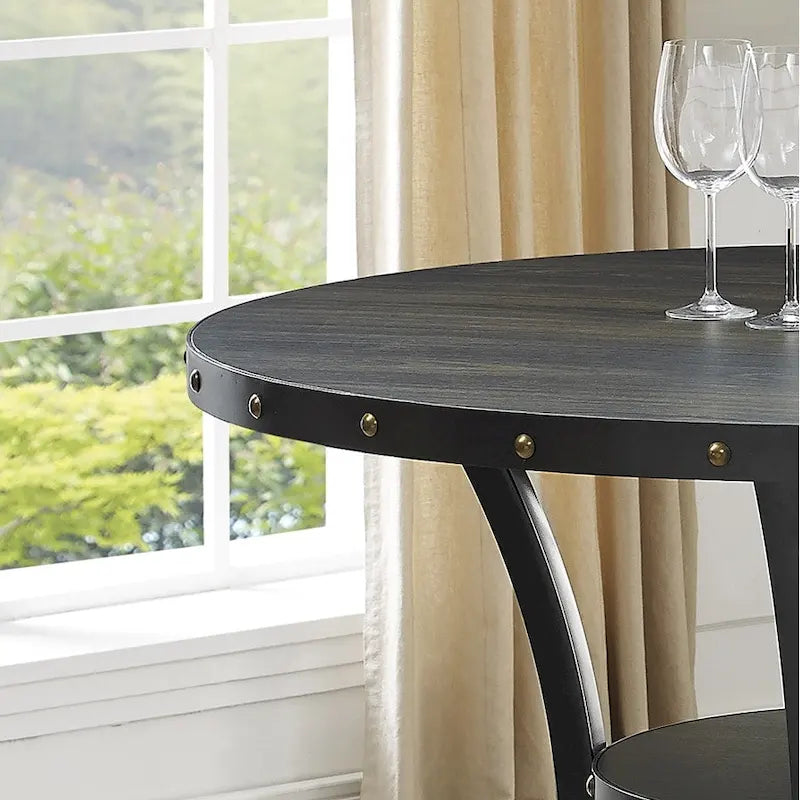 Round Counter Height Dining Table with Nailhead Detail and Open Shelf 48 Inch
